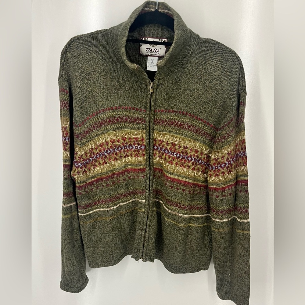 Tiara Tan and Green Cardigan with Nordic Pattern